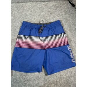 Hurley Mens Swim Trunks Blue Pink Stripe Elastic Waist Drawstring Board Shorts M